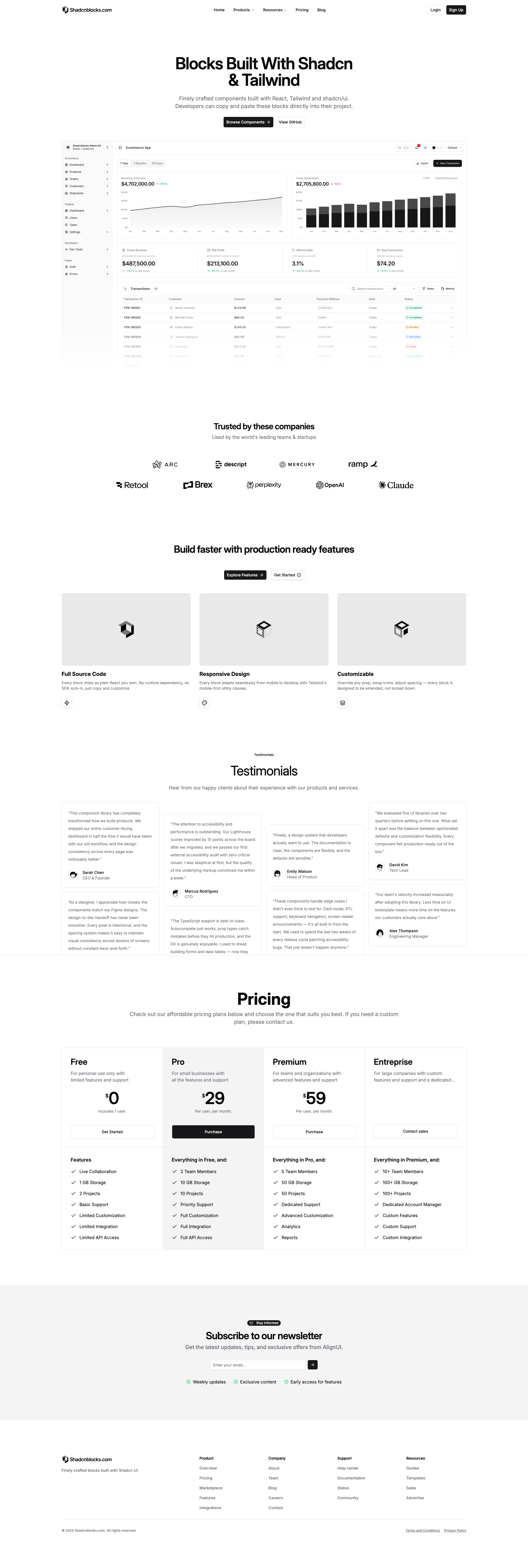 Shadcn Landing Page 3 - Marquee logos homepage with four-tier pricing