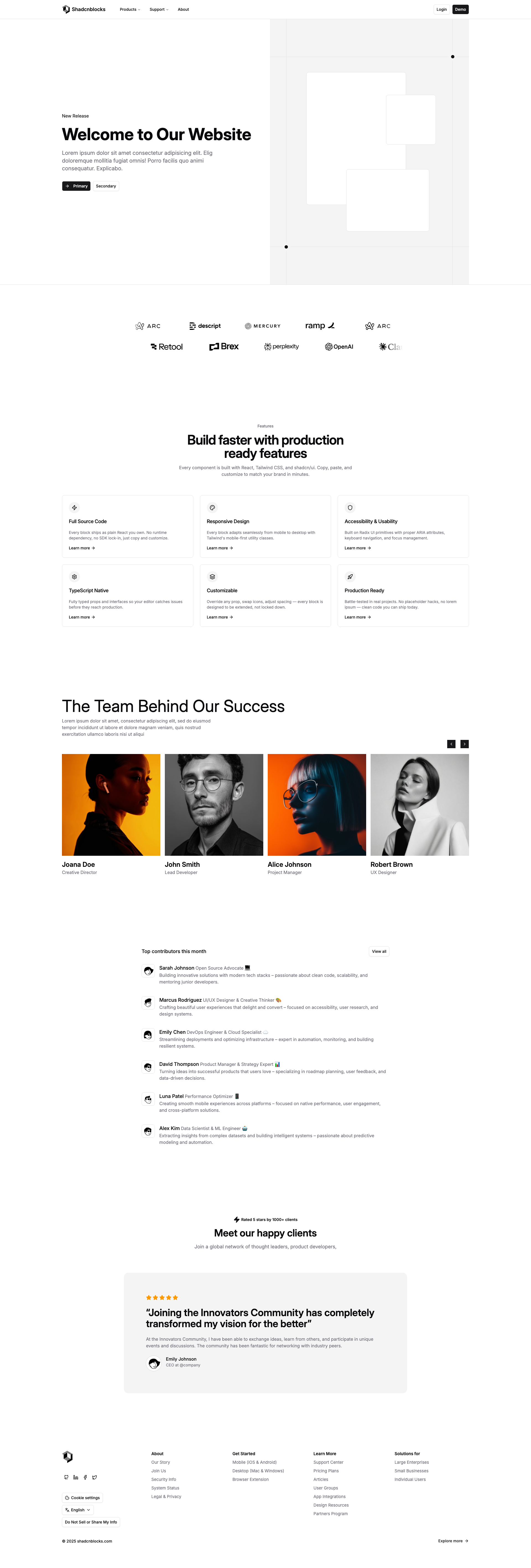 Shadcn Landing Page 7 - Gallery-heavy landing with contributor spotlight