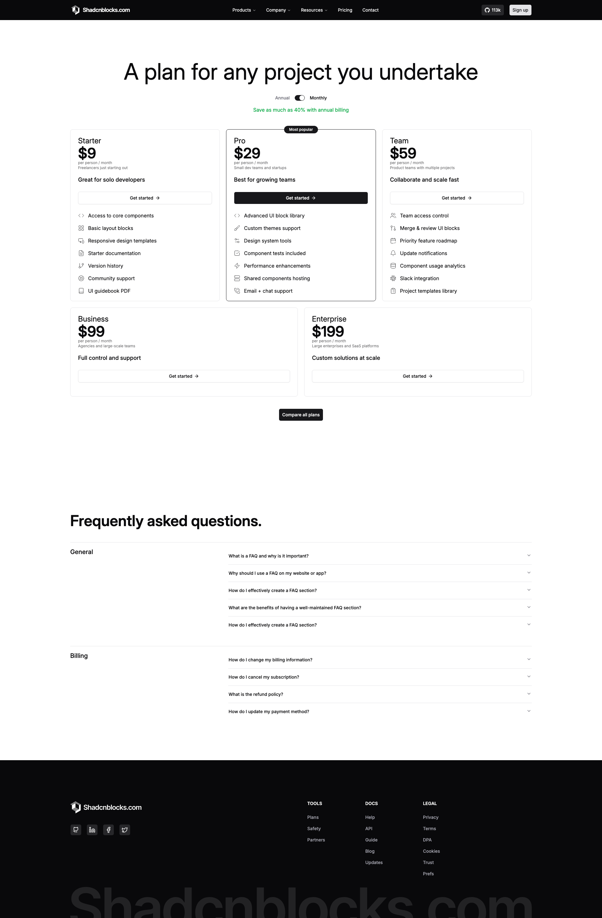 Shadcn Pricing Page 1 - Five-tier pricing page with categorized FAQ