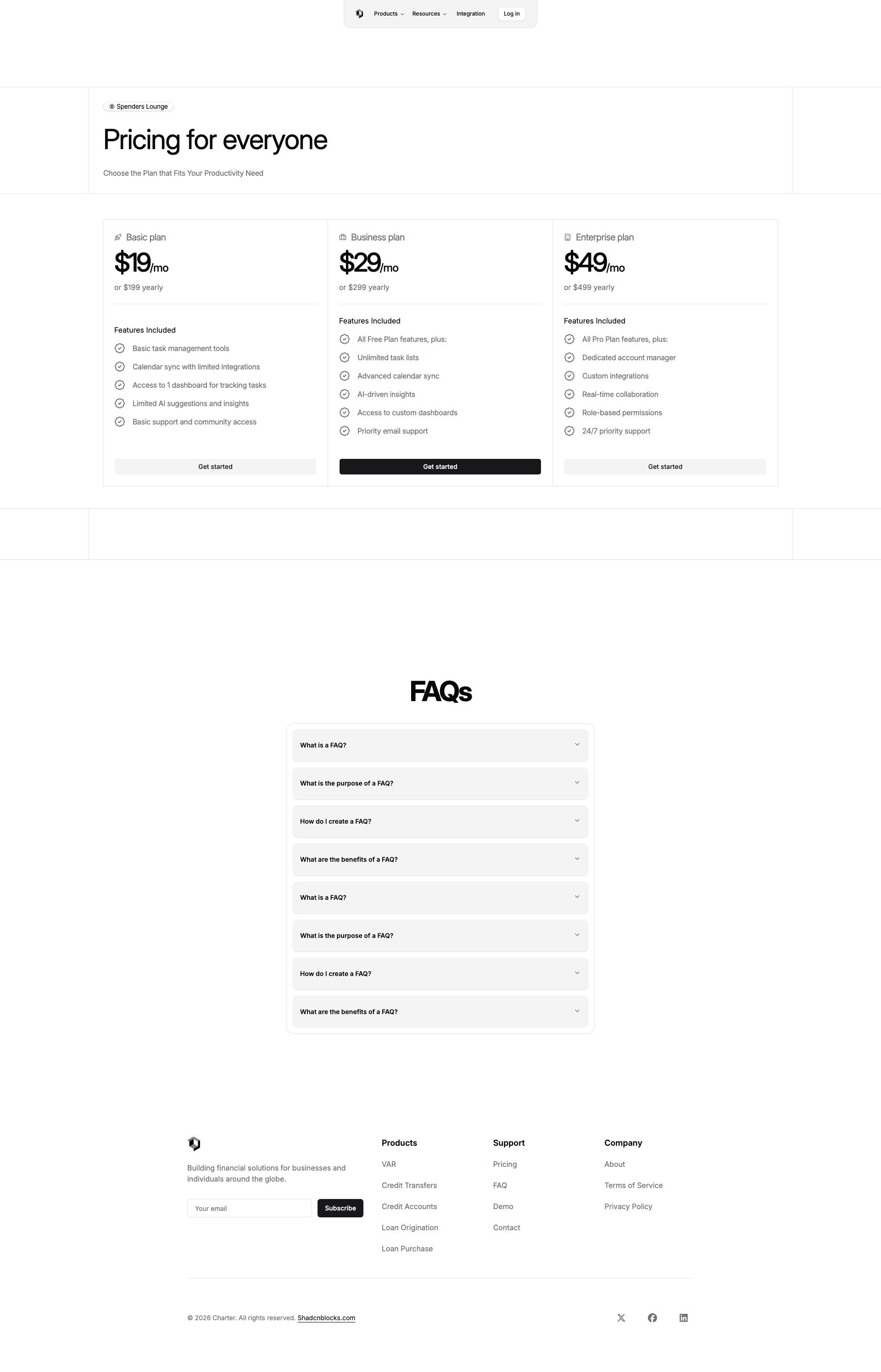 Shadcn Pricing Page 2 - Bordered three-plan pricing page