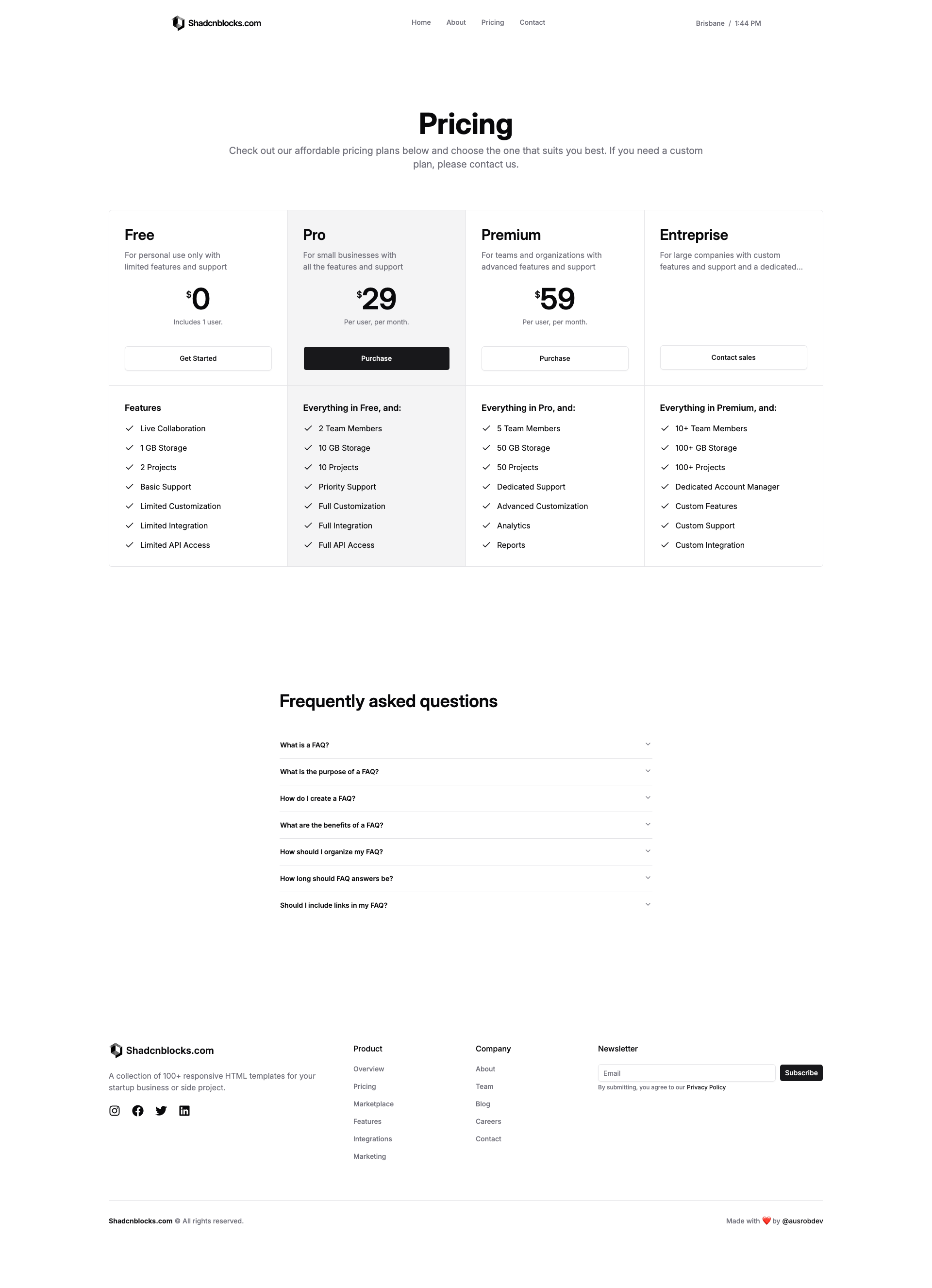 Shadcn Pricing Page 3 - Four-tier pricing with centered FAQ
