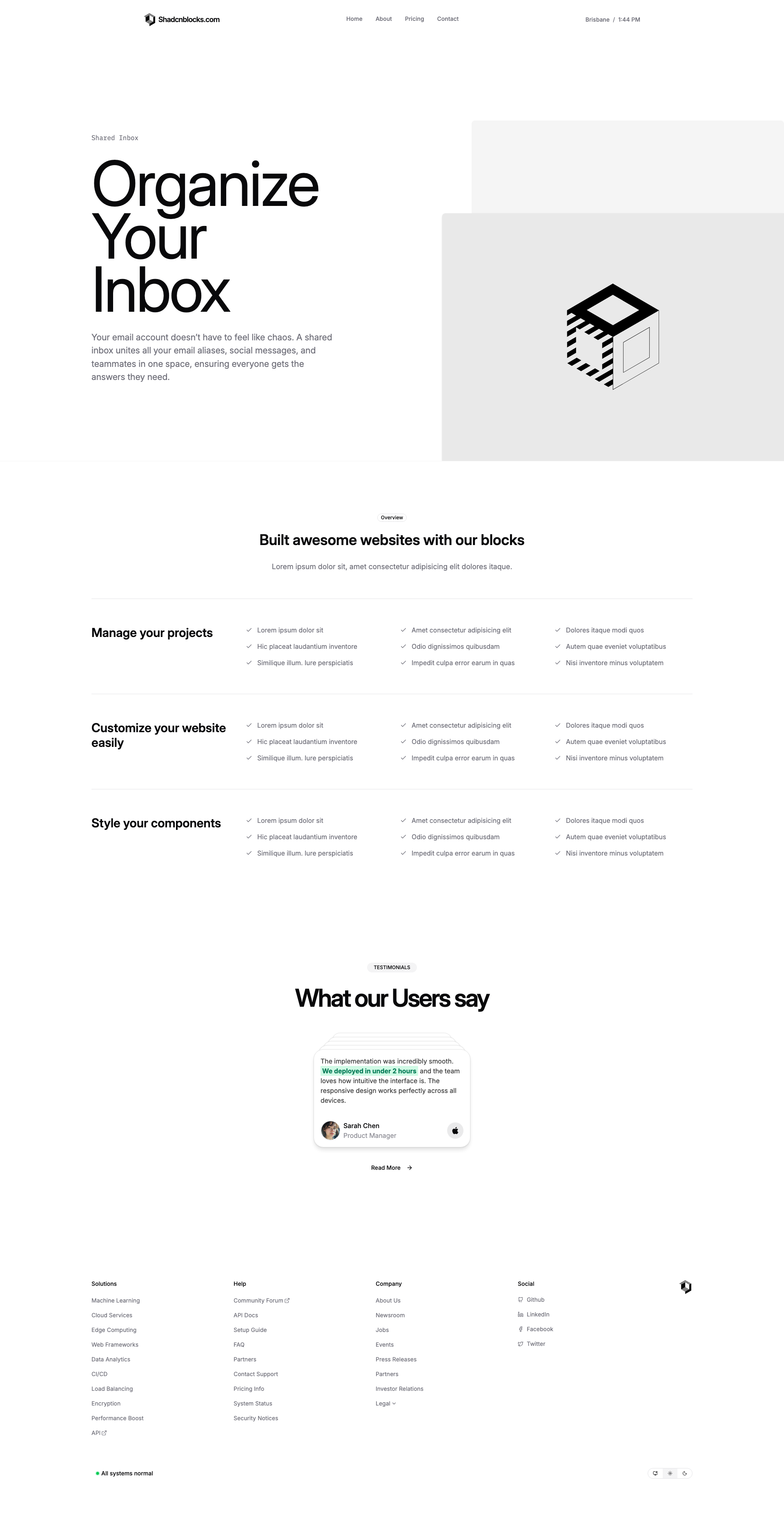 Shadcn Product Page 3 - Inbox product page with testimonial stack