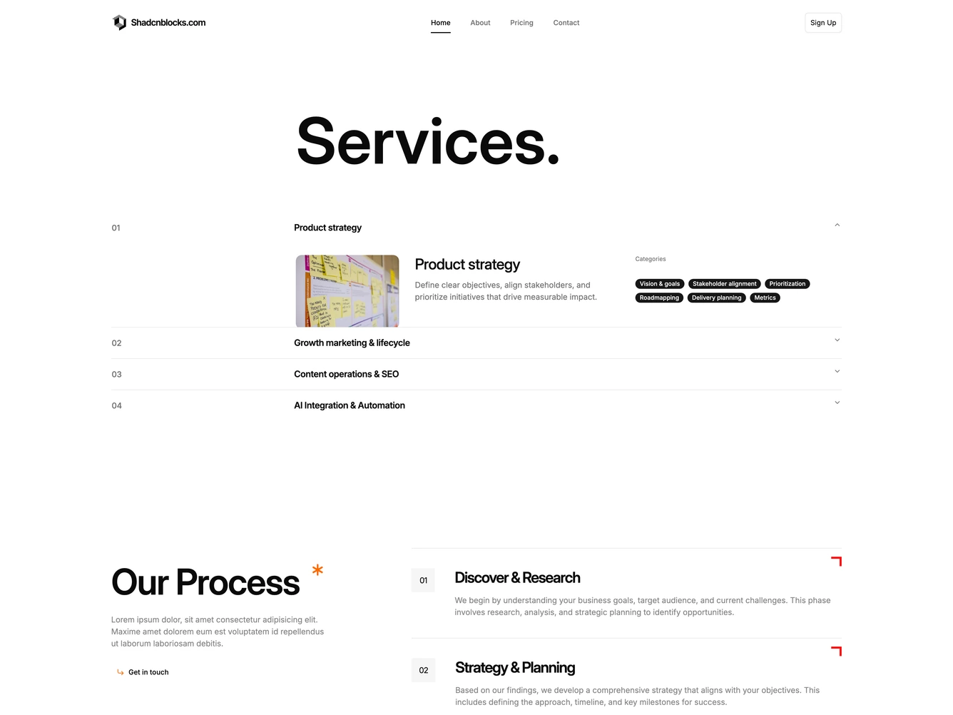 Shadcn Services Page 1 page