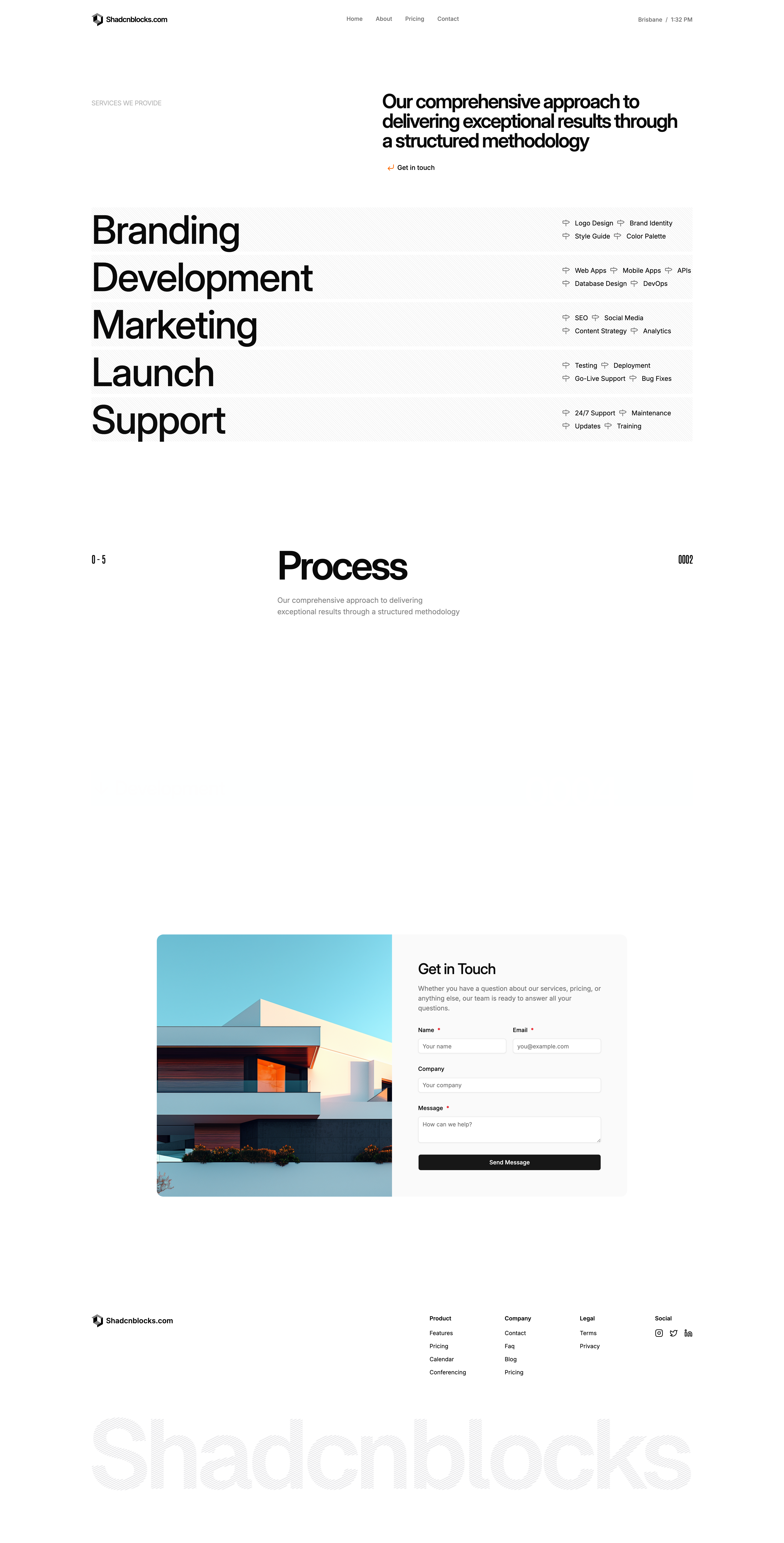 Shadcn Services Page 2 - Services page with large service rows and process bands