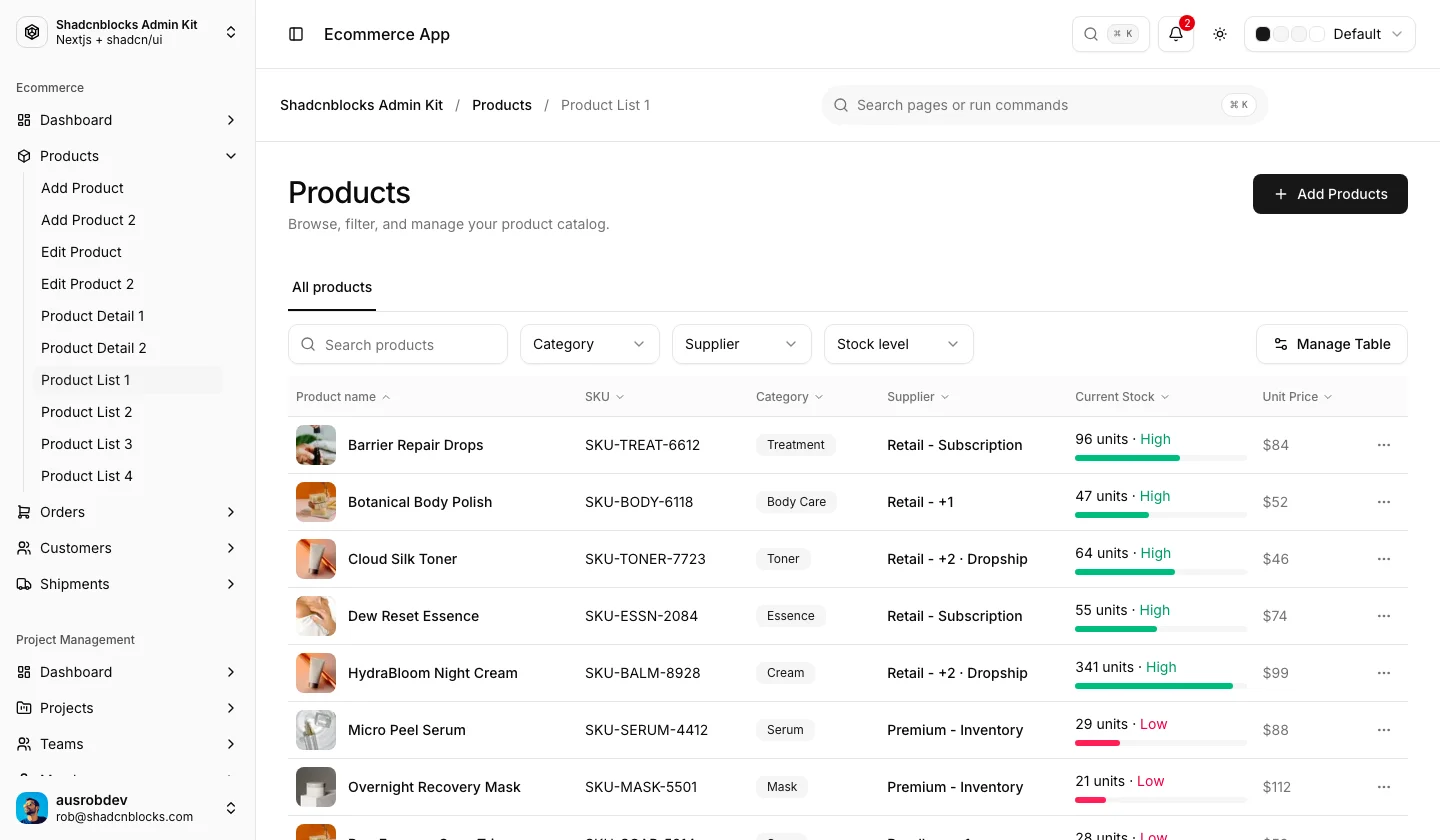 Ecommerce product catalog table with stock levels, prices, and filters