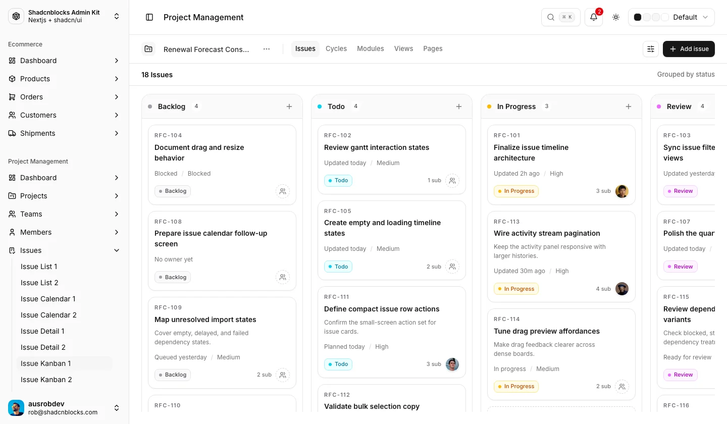 Project management kanban board with issue cards grouped by status