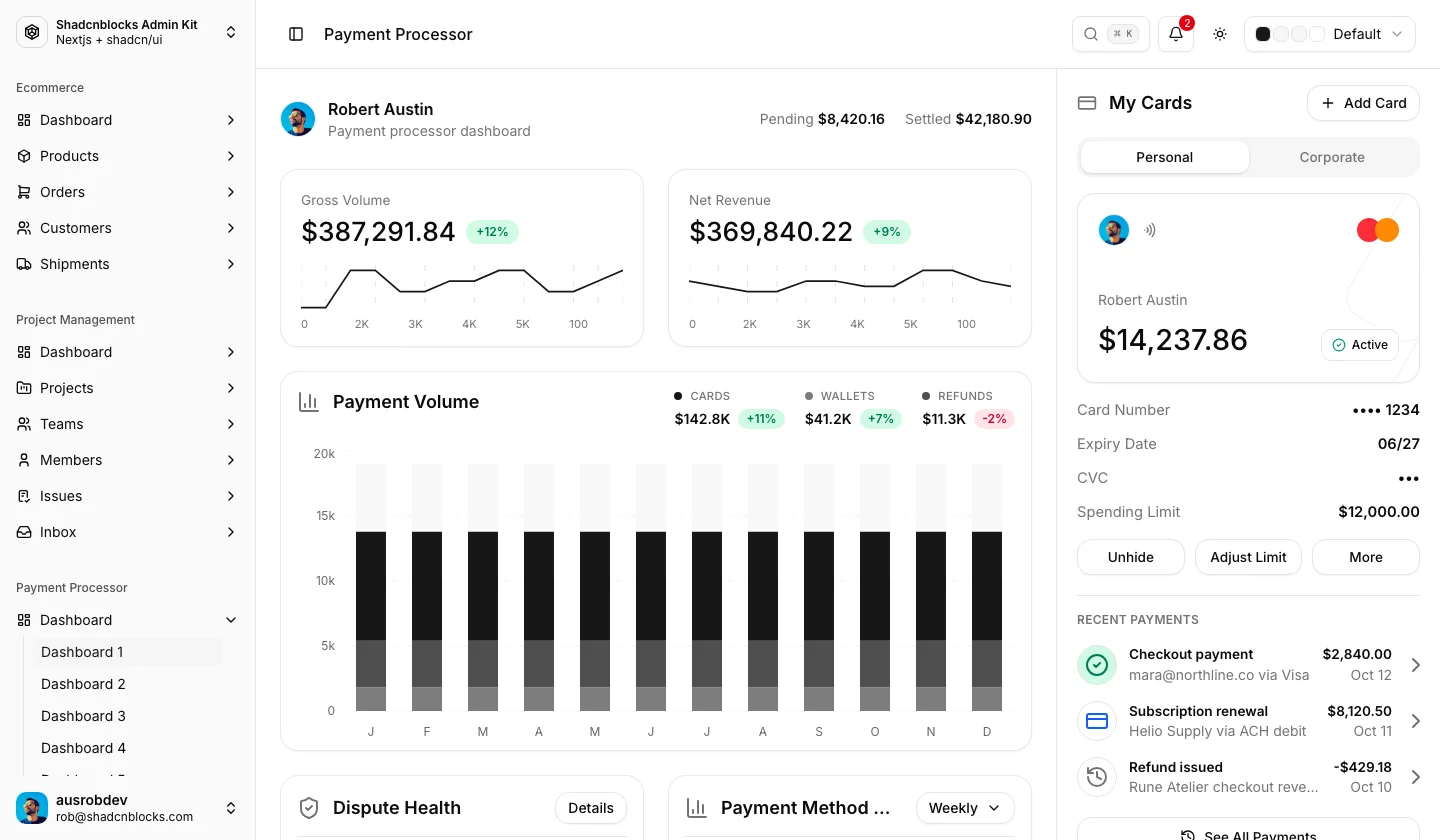 Payment processor dashboard with volume charts, cards, and recent payments