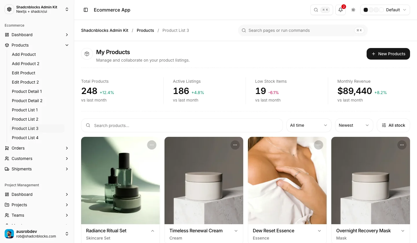 Ecommerce · Product List 3 — Shadcn Admin Kit