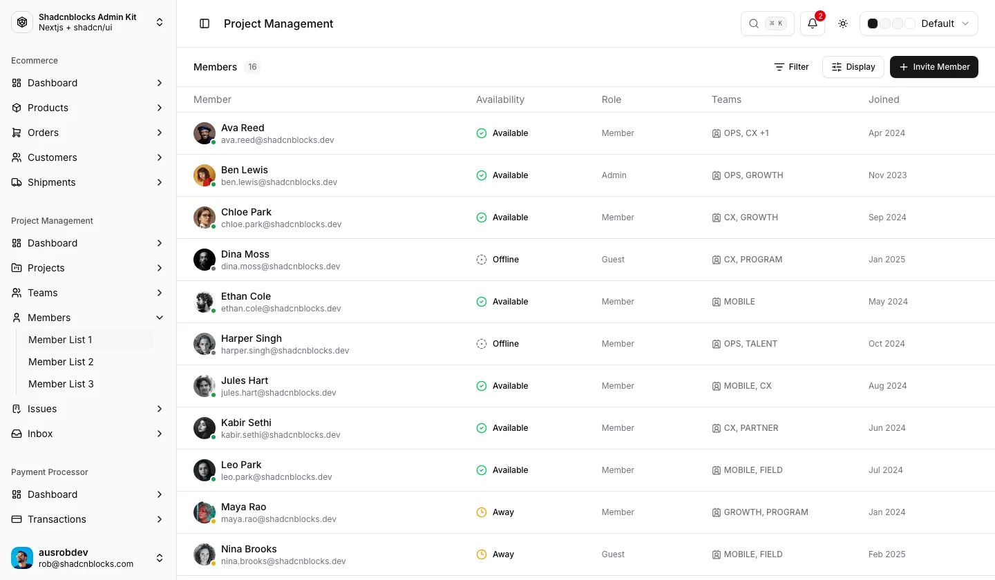 Projects · Member List 1 — Shadcn Admin Kit