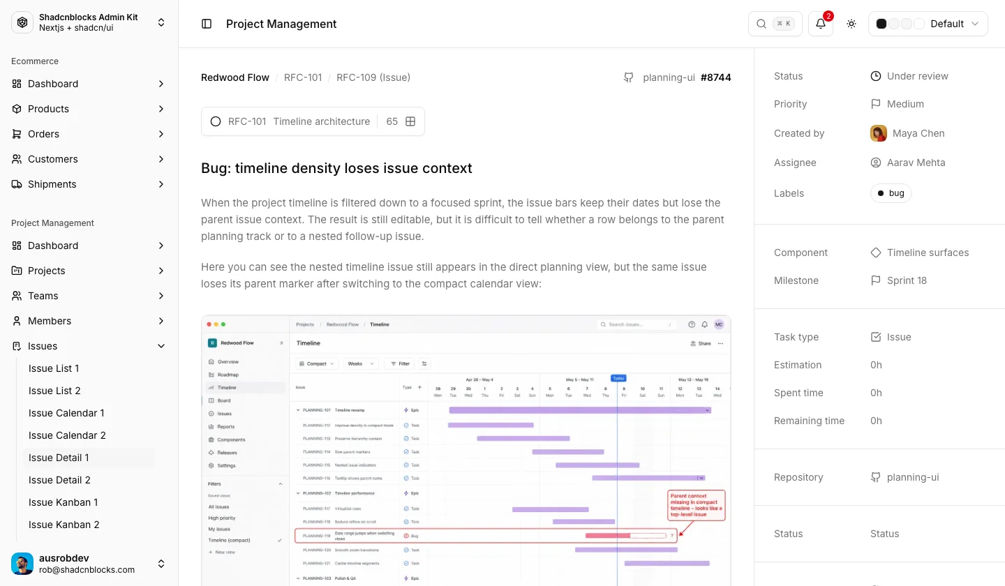 Projects · Issue Detail 1 — Shadcn Admin Kit
