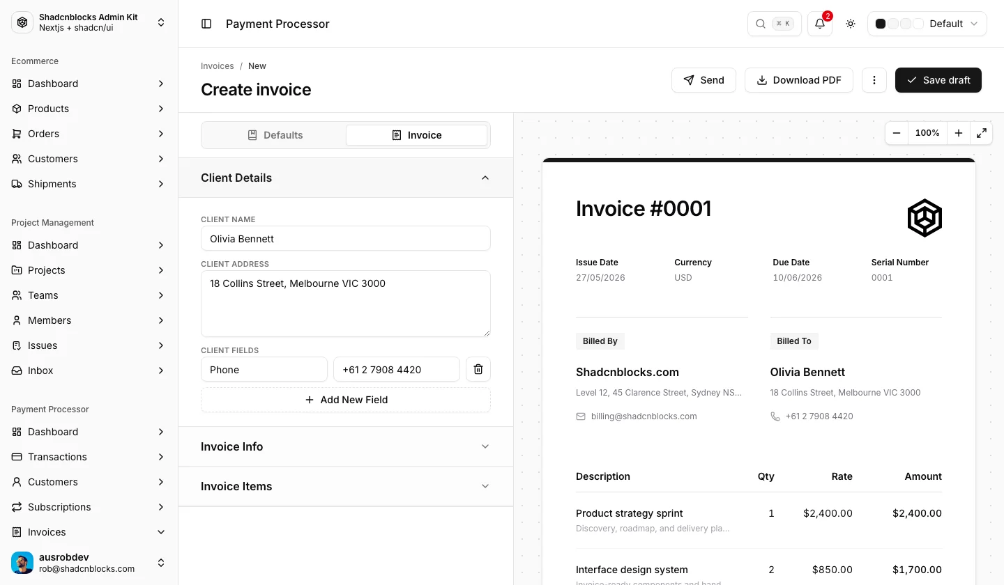 Payments · Create Invoice — Shadcn Admin Kit