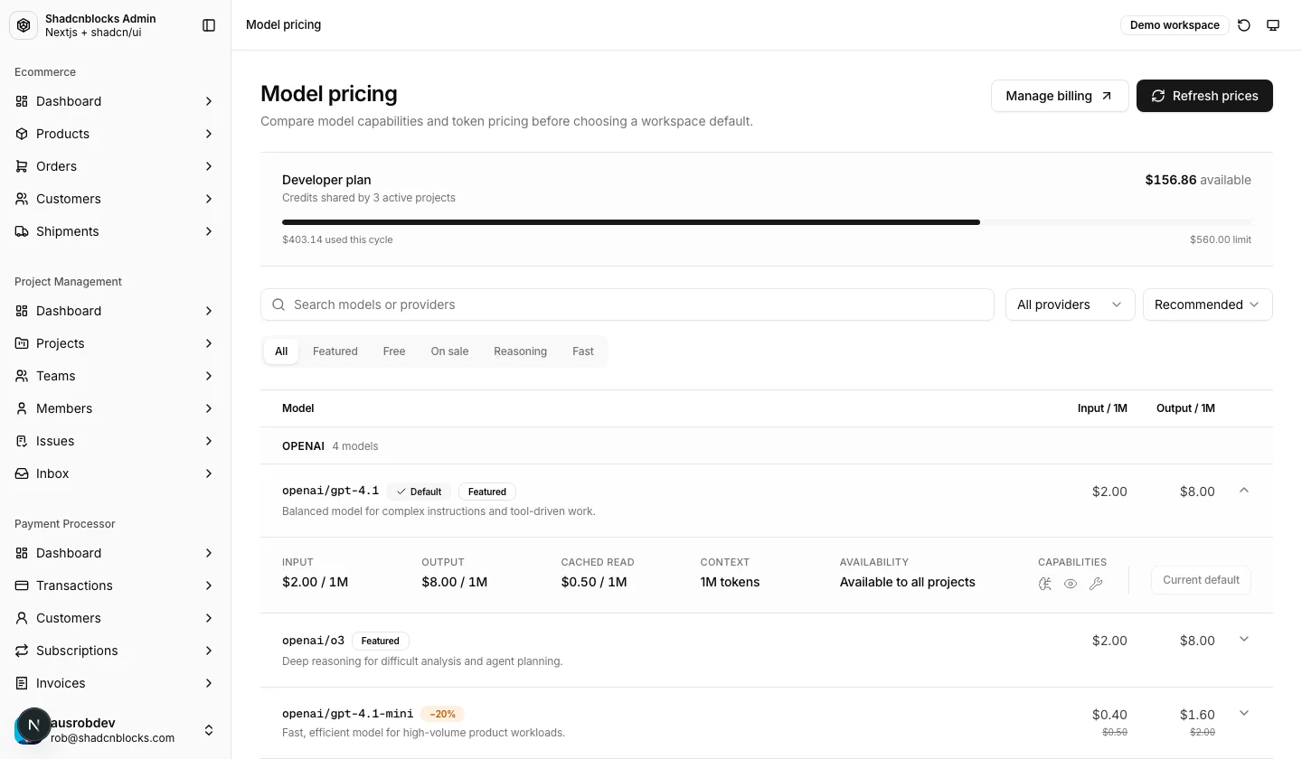 AI · Model pricing — Shadcn Admin Kit