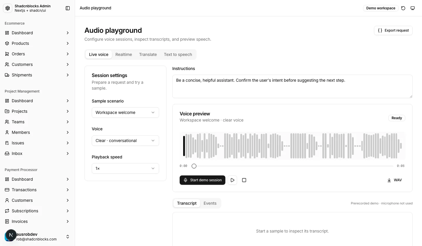 AI · Audio playground — Shadcn Admin Kit
