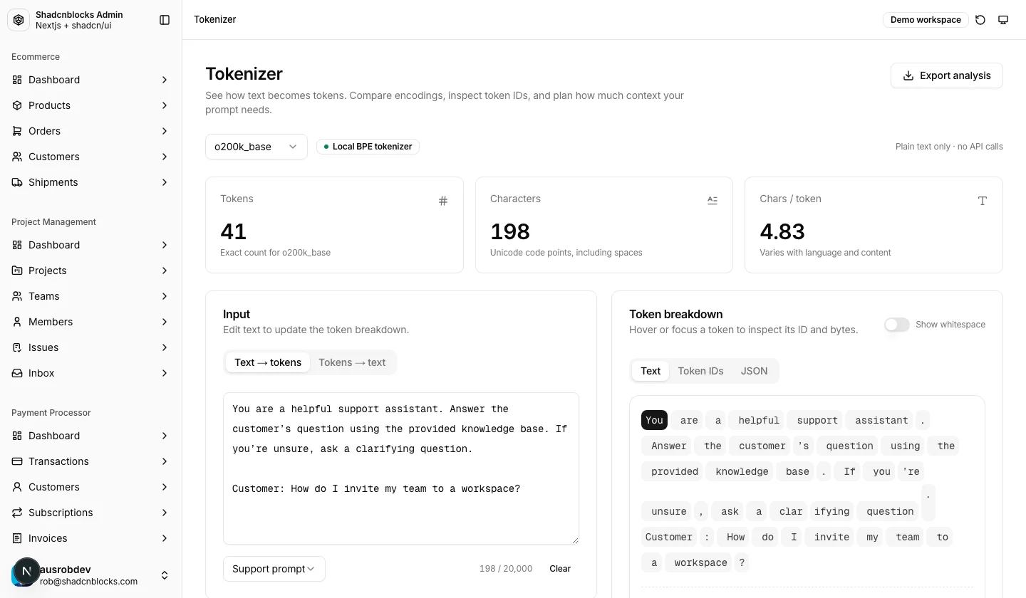 AI · Tokenizer — Shadcn Admin Kit