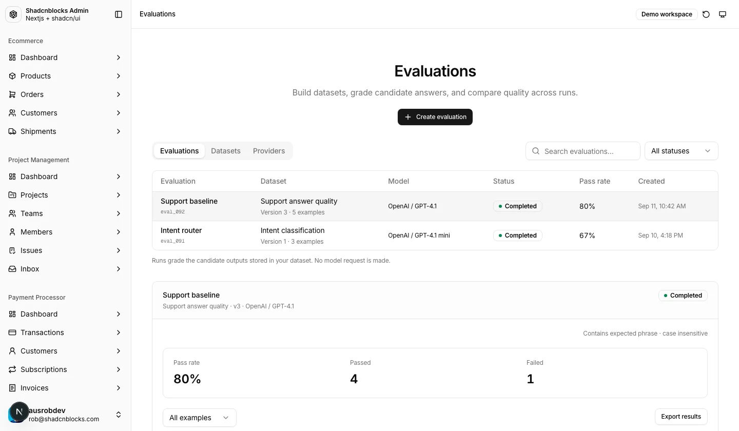 AI · Evaluations — Shadcn Admin Kit