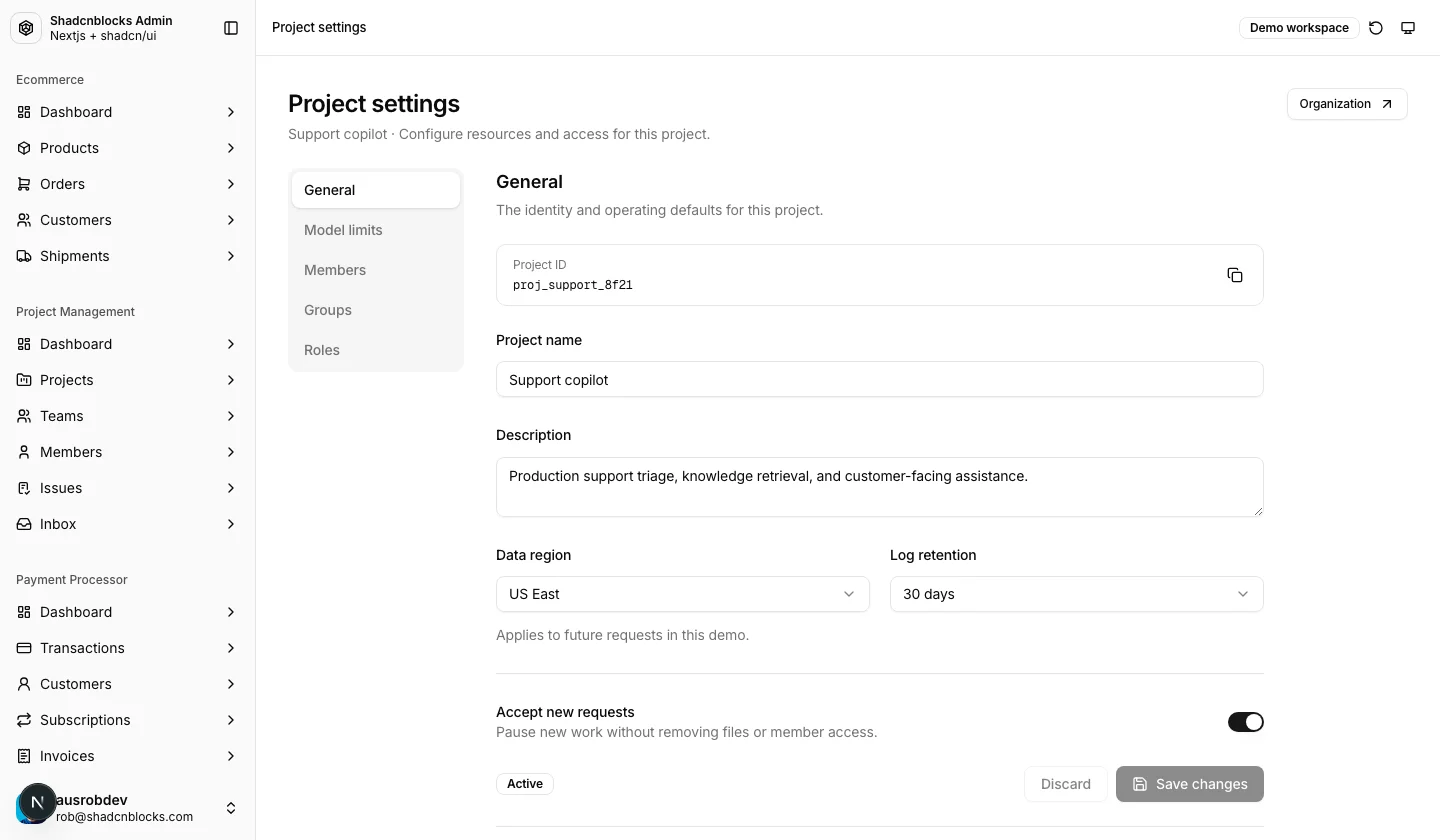 AI · Project settings — Shadcn Admin Kit