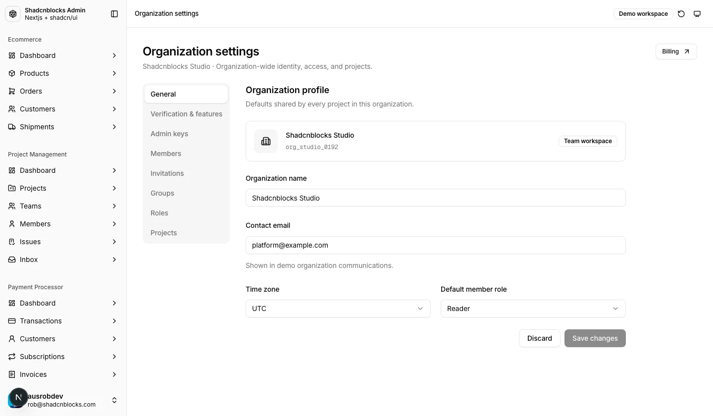 AI · Organization settings — Shadcn Admin Kit
