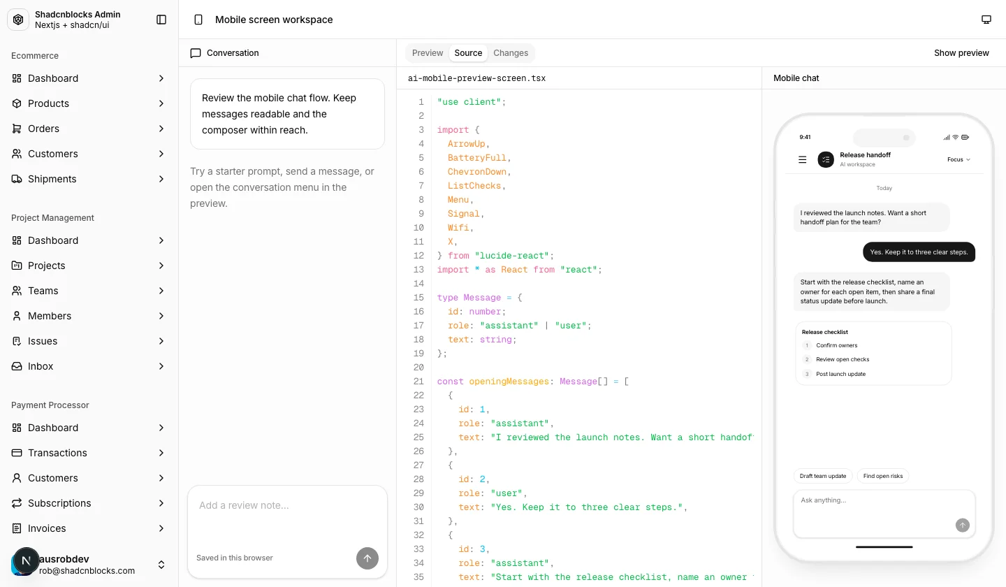 AI · Mobile screen workspace — Shadcn Admin Kit