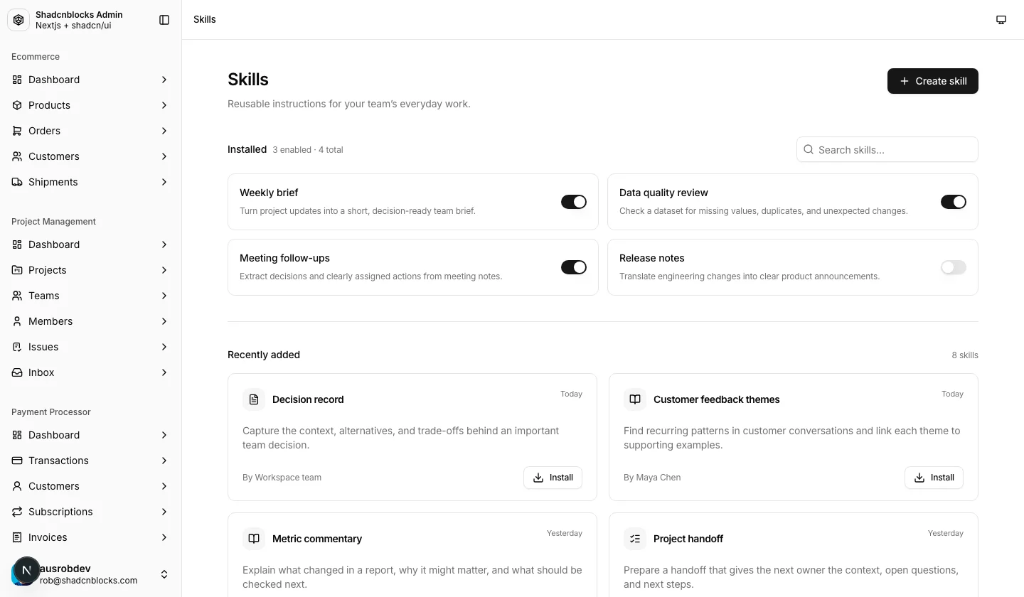 AI · Skills manager — Shadcn Admin Kit