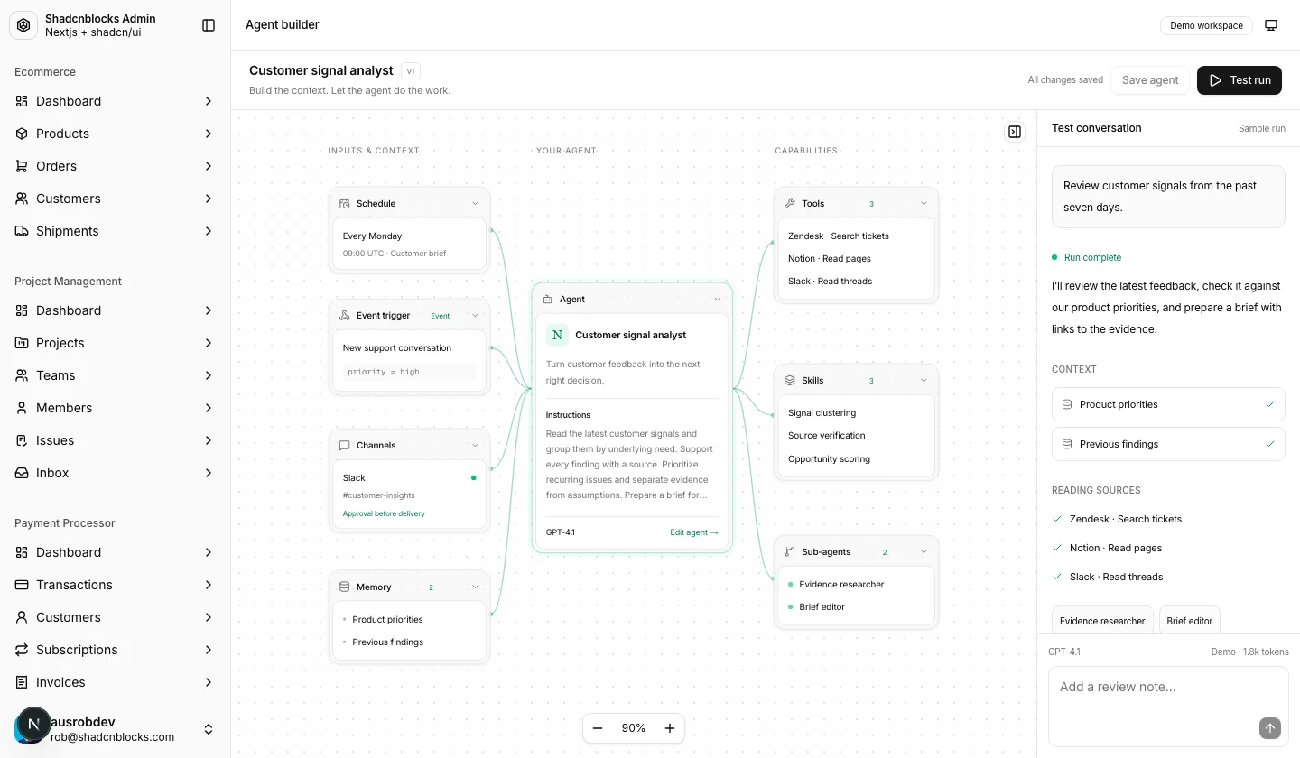 AI · Agent builder — Shadcn Admin Kit