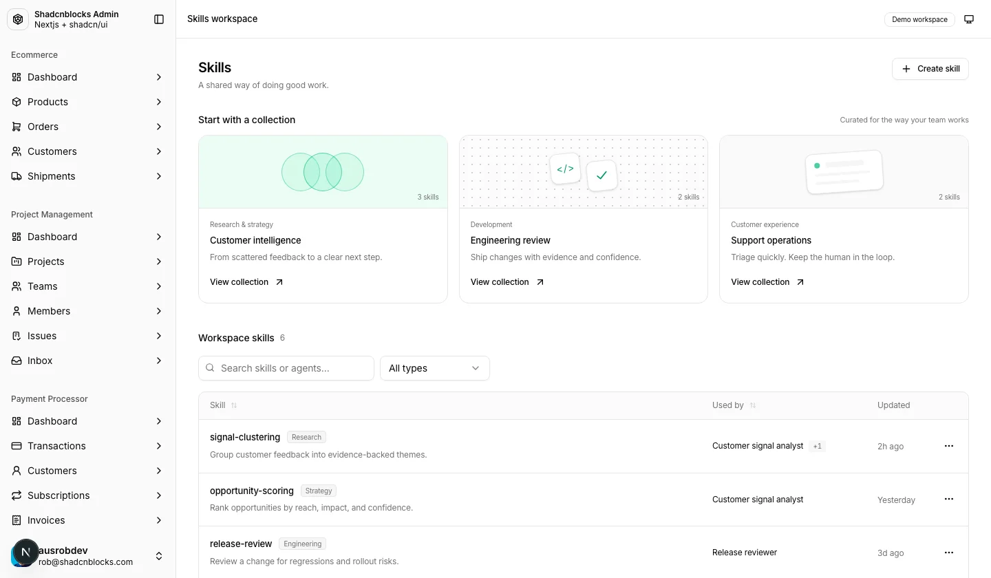 AI · Skills workspace — Shadcn Admin Kit