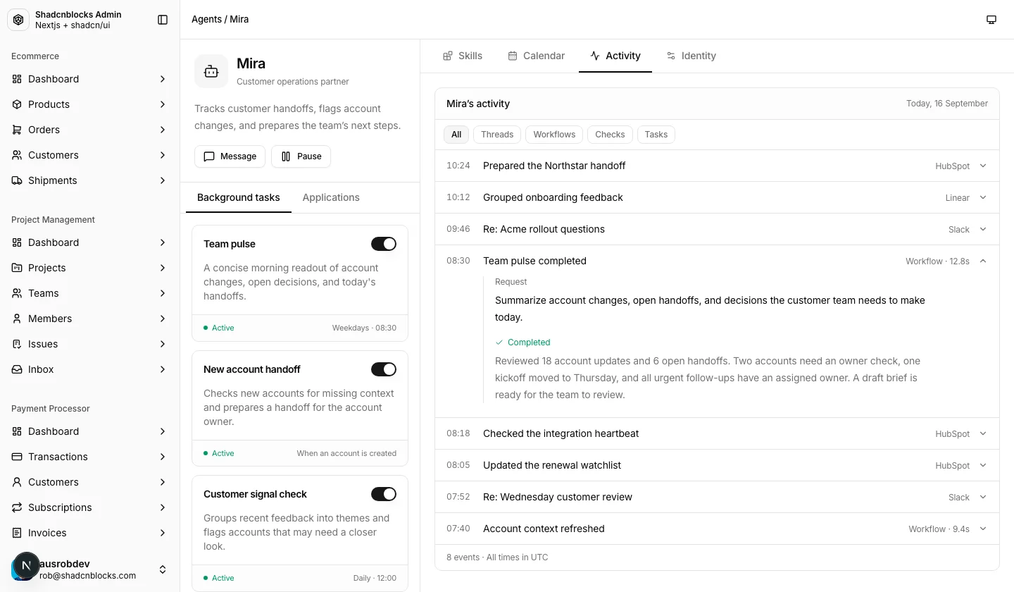 AI · Agent workspace — Shadcn Admin Kit