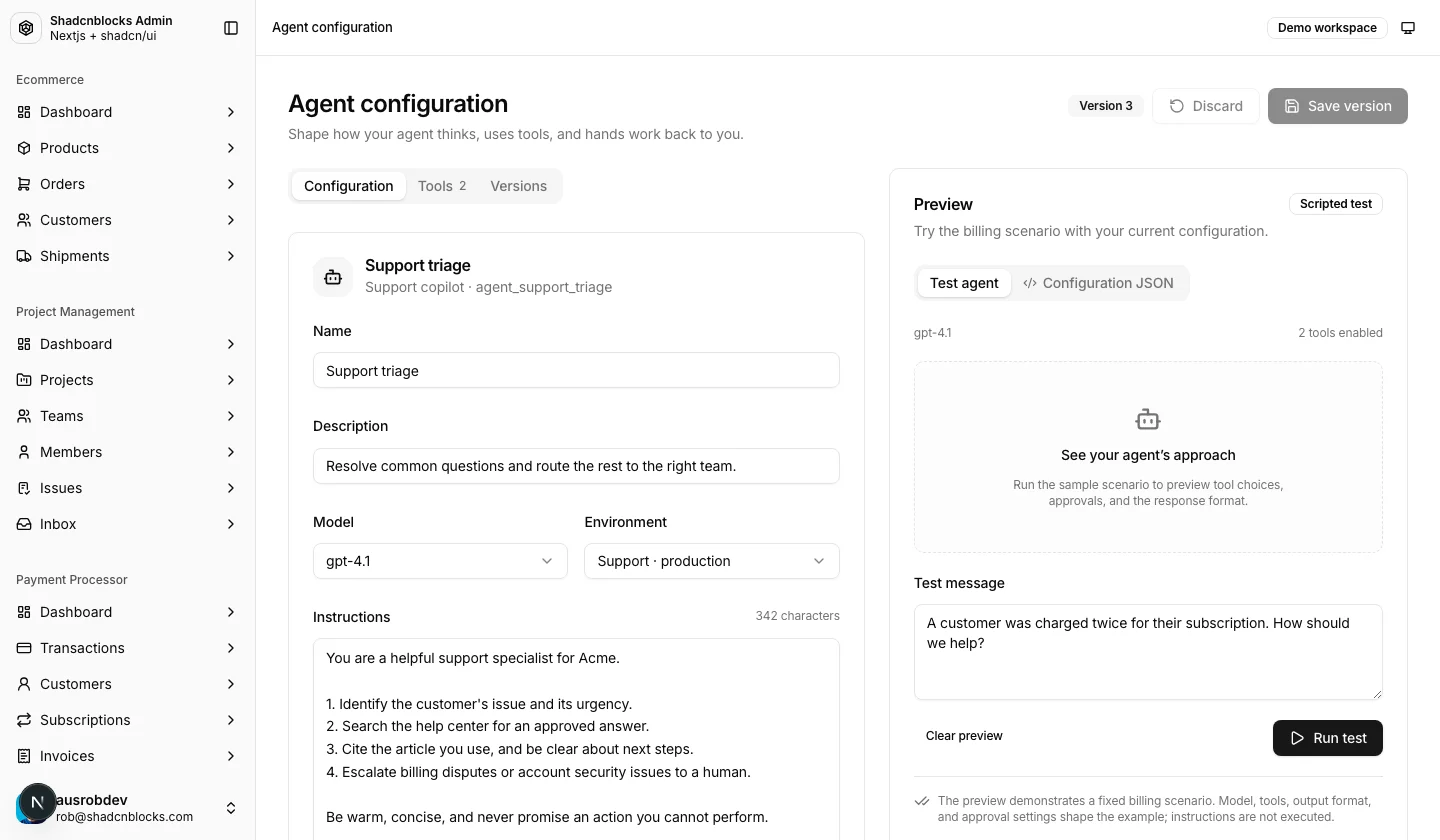 AI · Agent configuration — Shadcn Admin Kit
