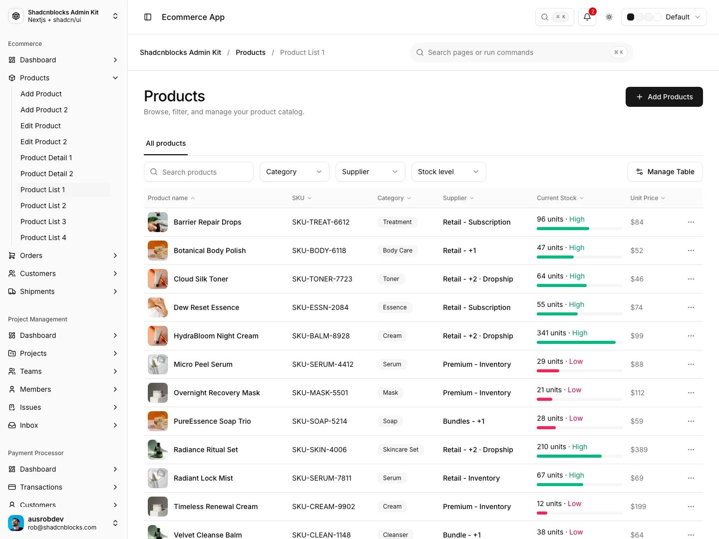 Ecommerce product catalog table with stock levels, prices, and filters