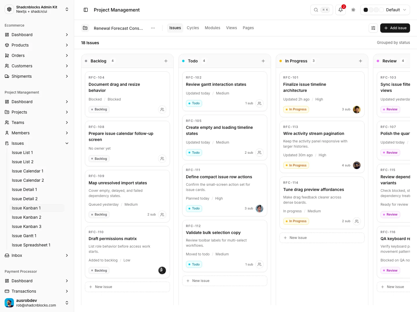 Project management kanban board with issue cards grouped by status