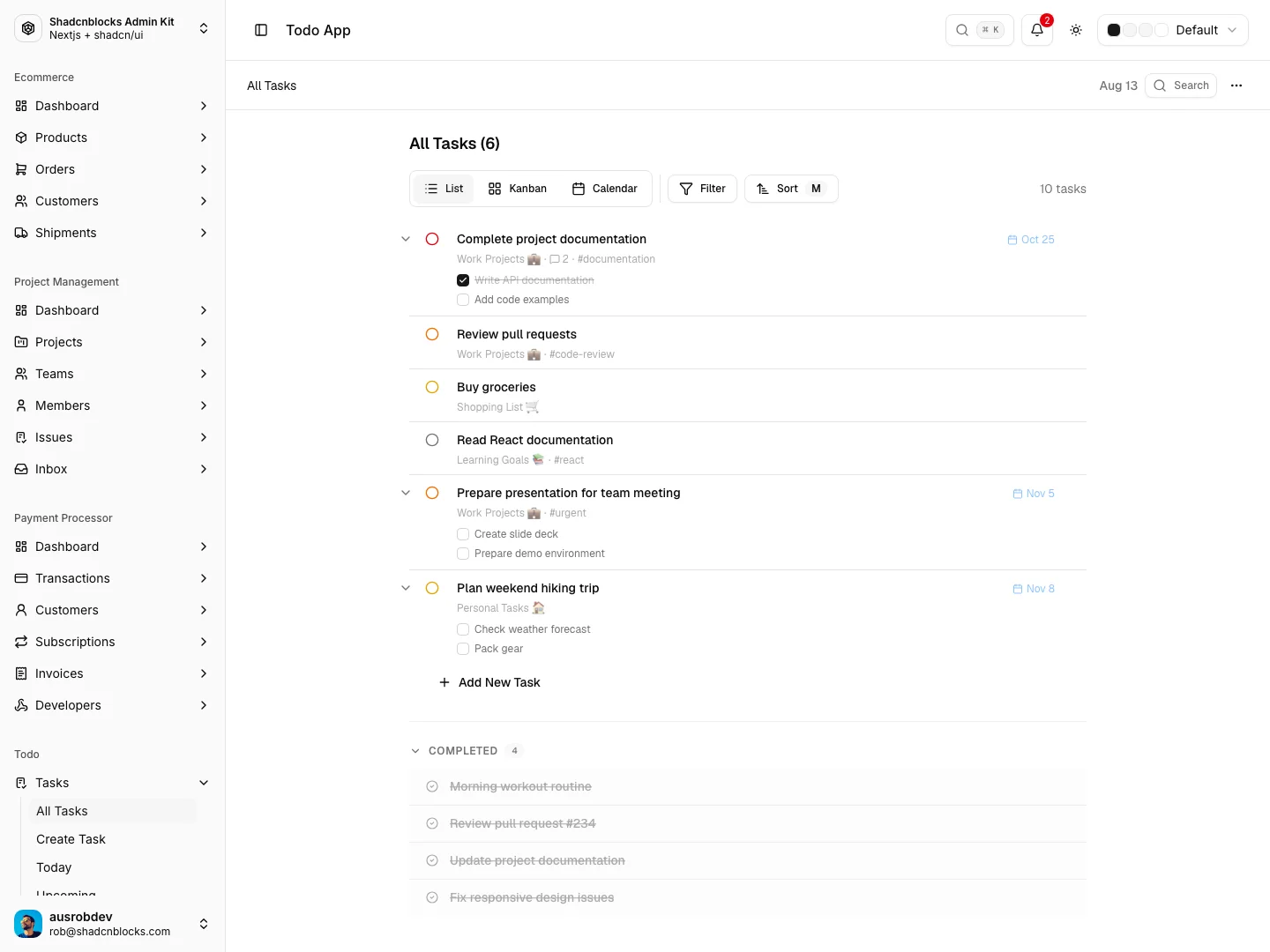 Todo app with nested tasks, projects, and list, kanban, and calendar views