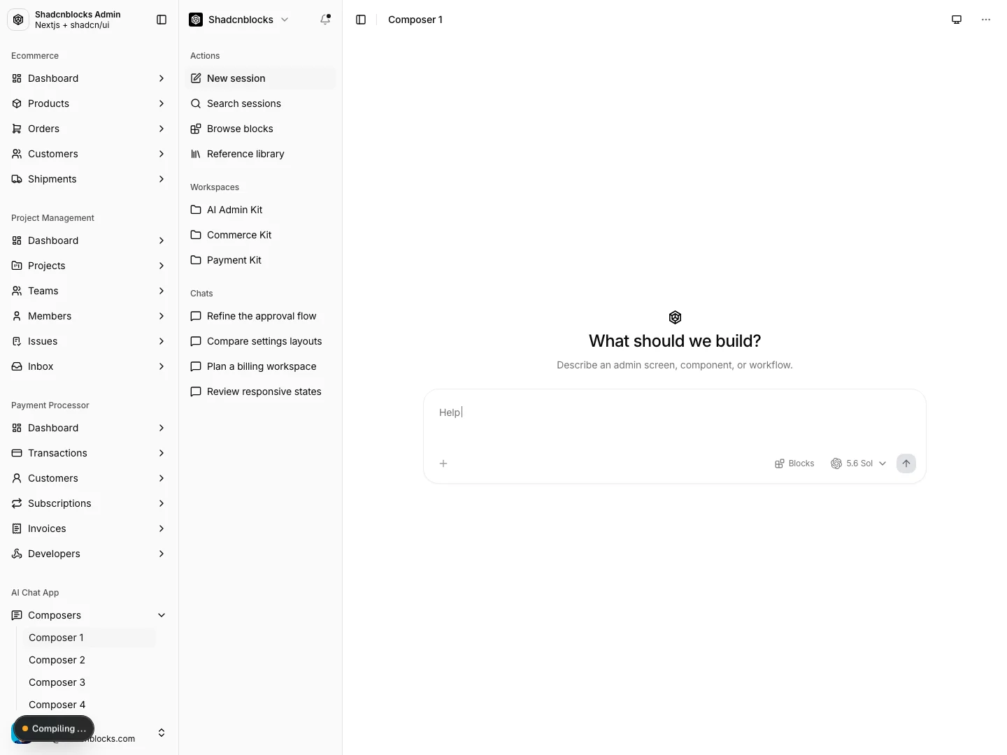 AI chat composer with model picker, context, and a conversation rail