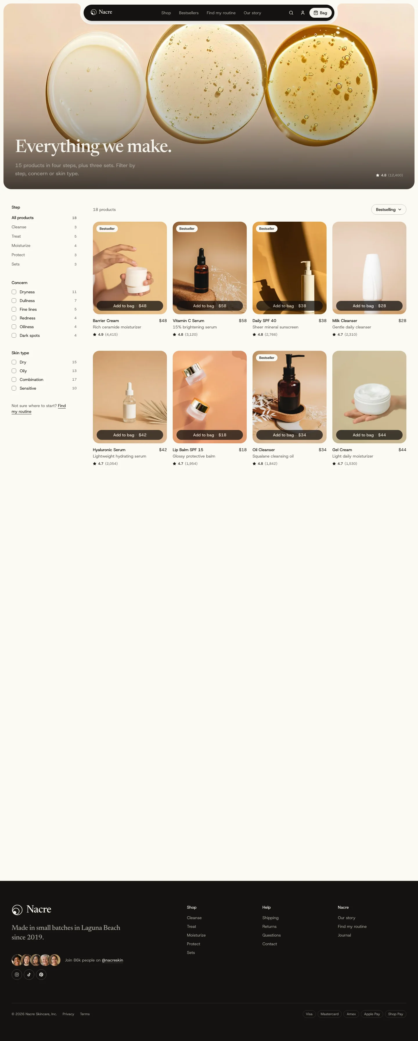 Full Nacre shop catalog with step filters and product cards for cleansers, serums, moisturizers, SPF, and sets