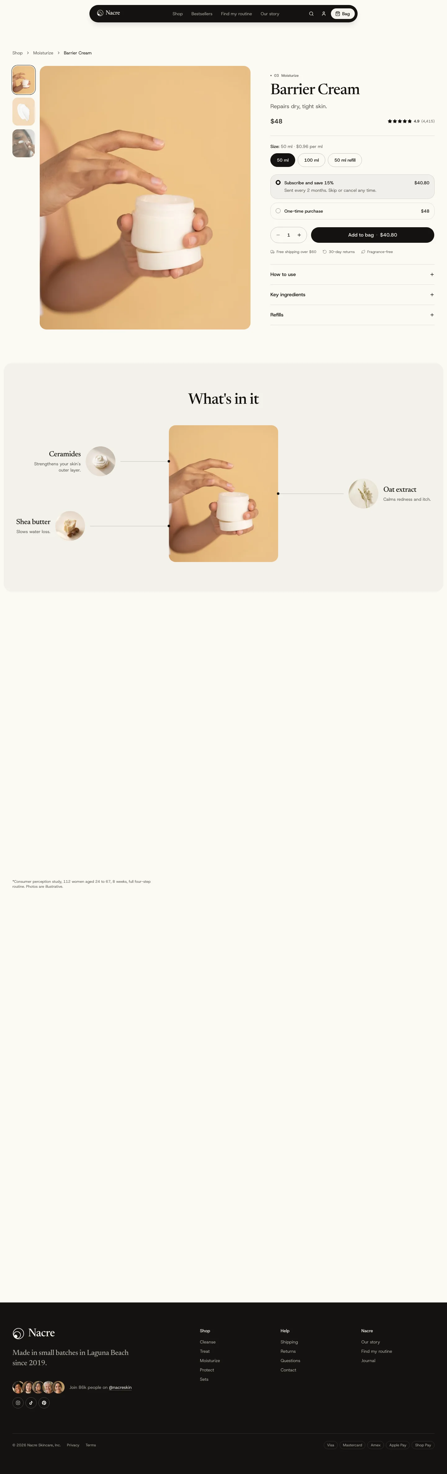 Full Nacre Barrier Cream product page with photography, buy box, ingredients, results, and pairings