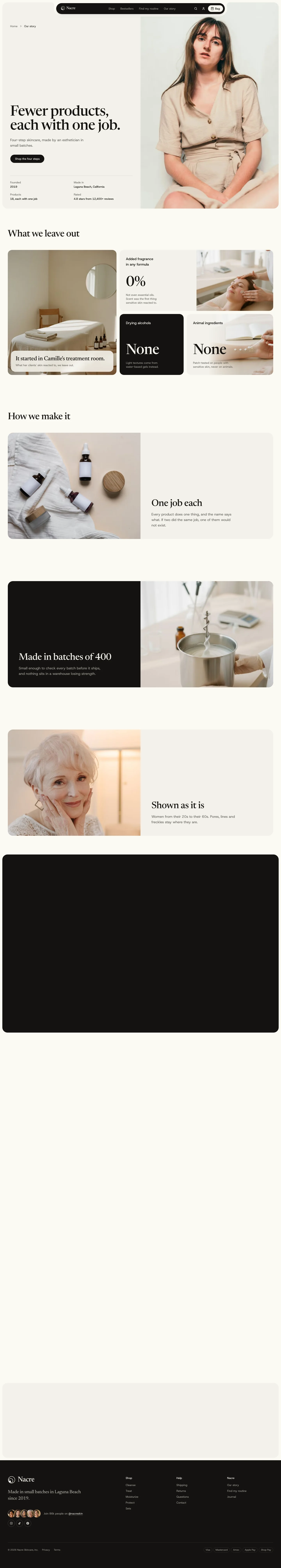 Full Nacre about page covering the founder, the four-step method, and how the products are made