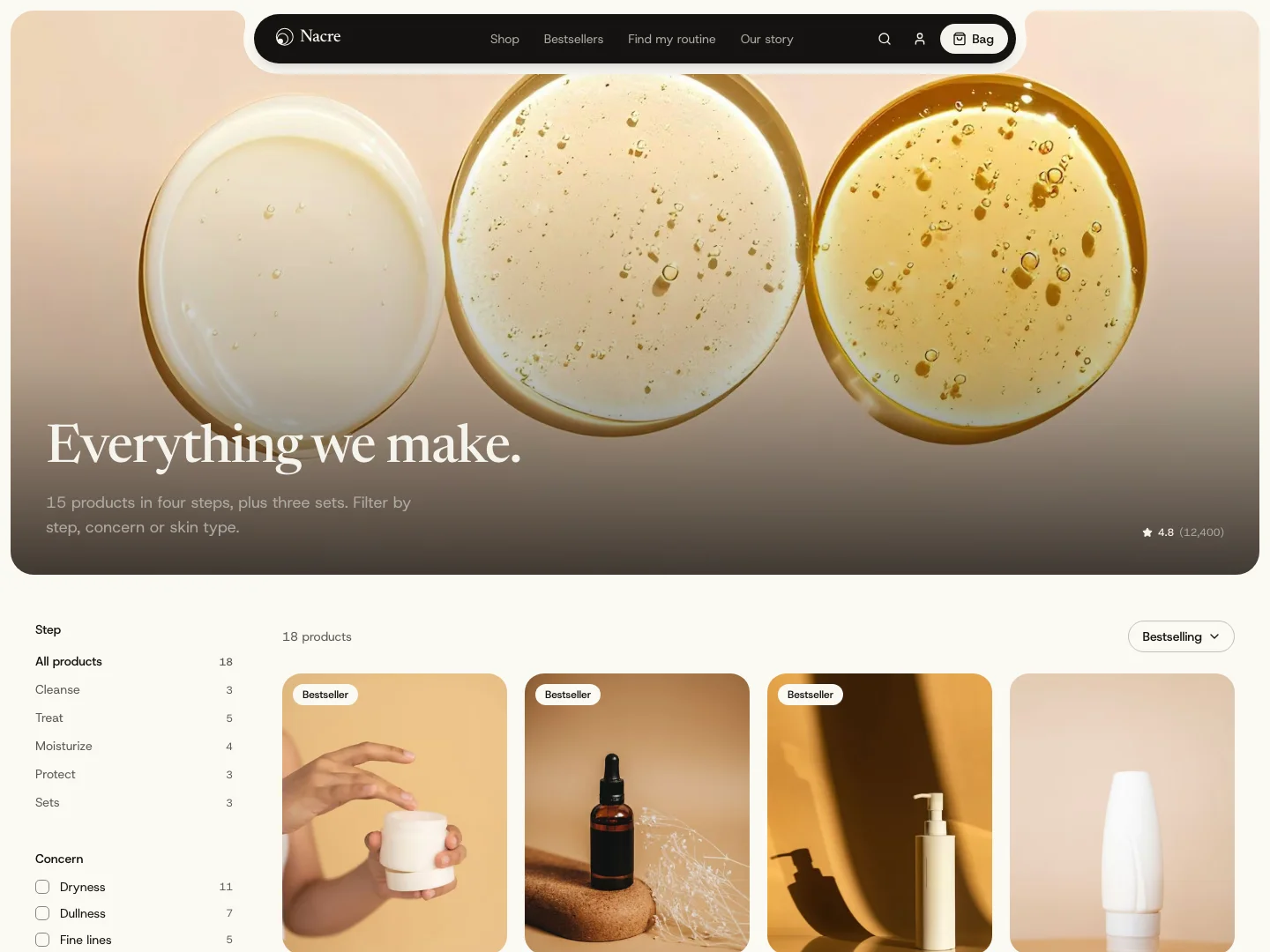 Nacre shop page with the product catalog filtered by cleanse, treat, moisturize, protect, and sets