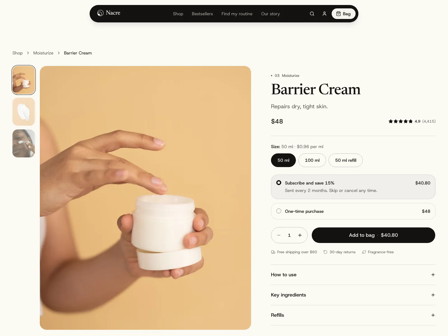 Nacre product page for Barrier Cream with gallery, size options, ingredients, and add to bag