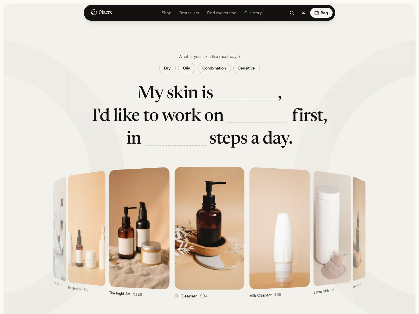 Nacre routine finder asking for skin type, the concern to work on, and how many steps a day