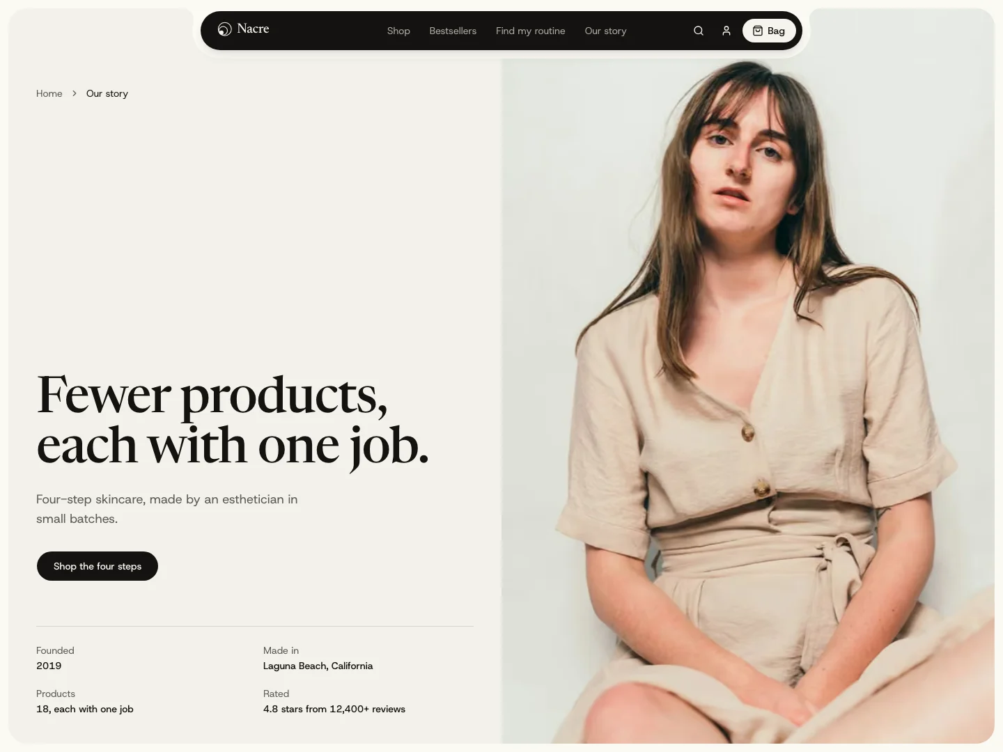 Nacre about page with founder story, esthetician background, and brand standards