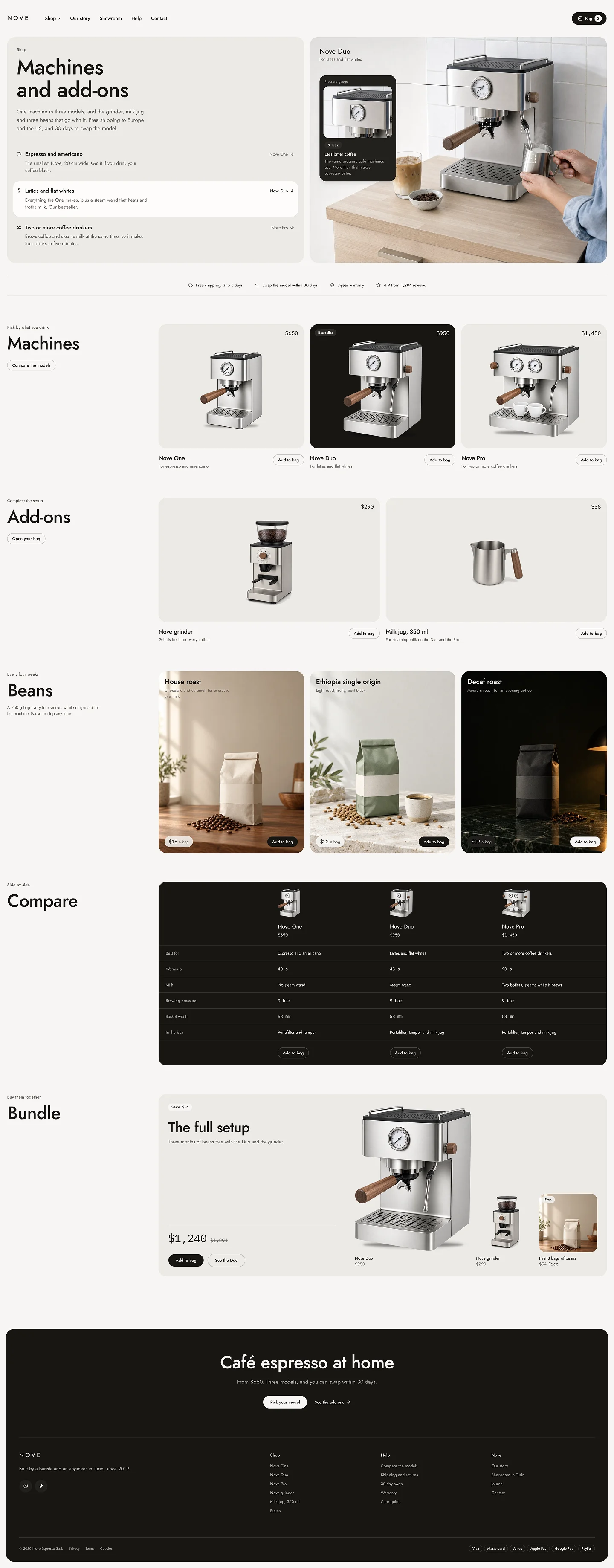 Full Nove shop page with the machines, add-ons, beans, the comparison table and the full setup bundle